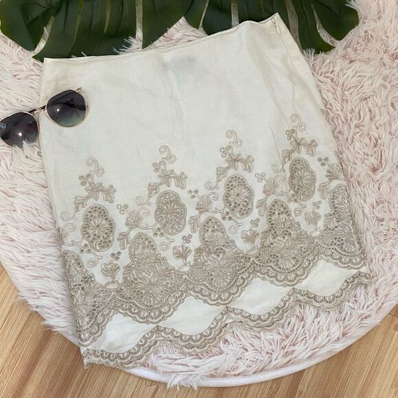 Ann Taylor Petite Linen Cream Tan Metallic Floral Embroidered Eyelet Skirt sz 4 - Picture 1 of 9